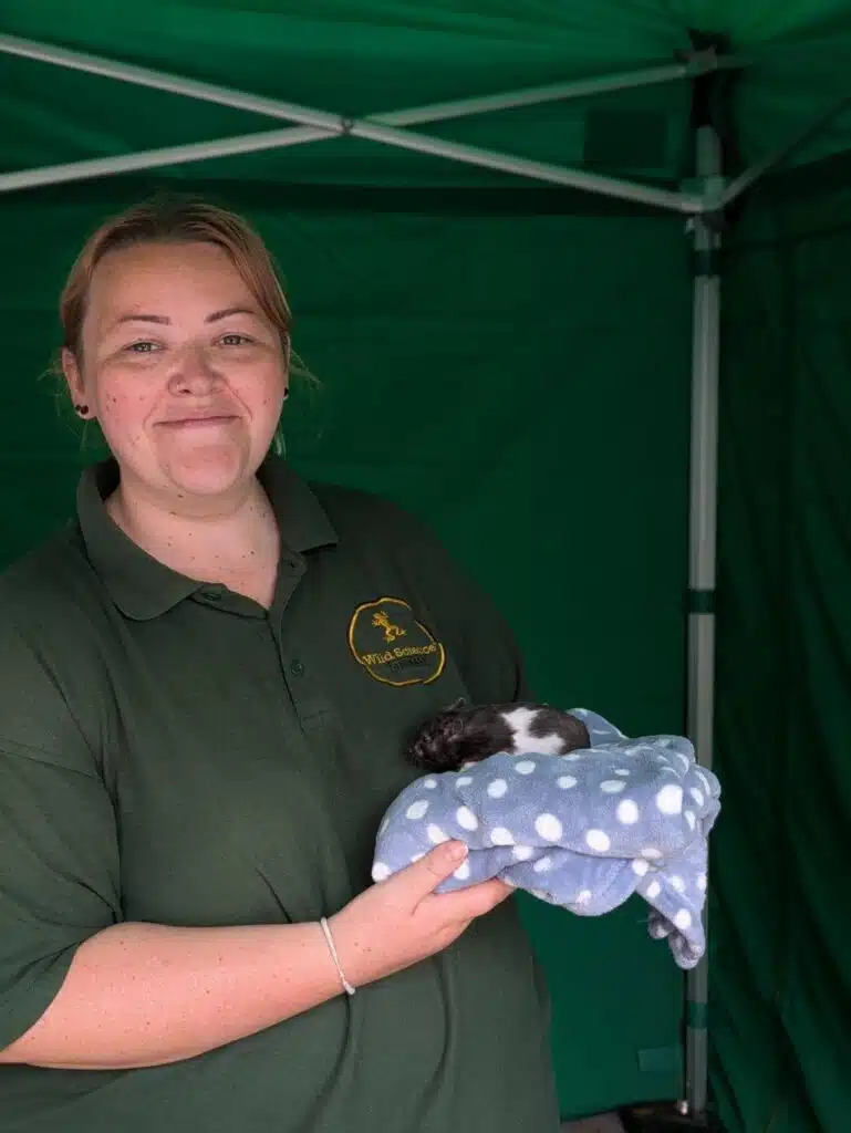 Shannen holds a hamster wrapped in a blue polka-dot blanket. She wears a green polo shirt with a "Wild Science" logo.